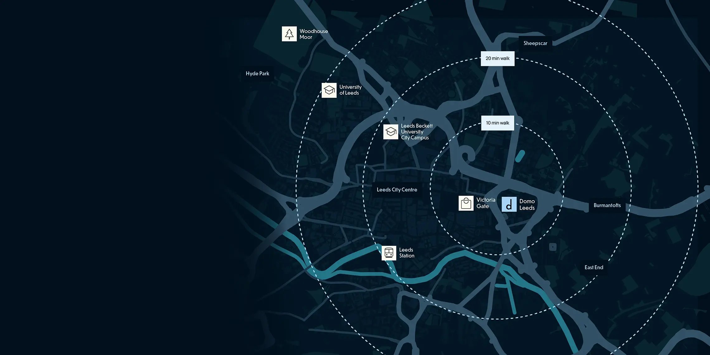 Map showing Domo Leeds' central location near Leeds city centre, both universities, and Leeds Station.